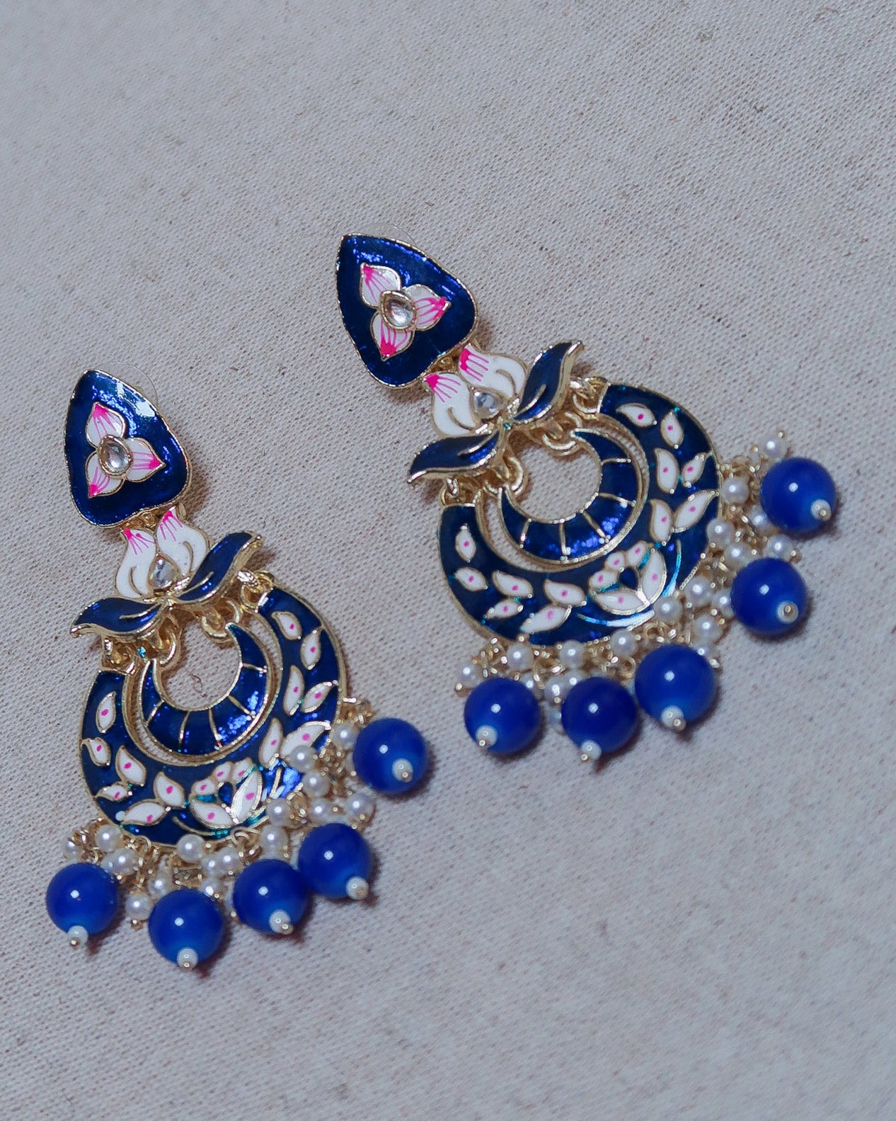 Enamel gold jaipuri earrings | Prussian blue