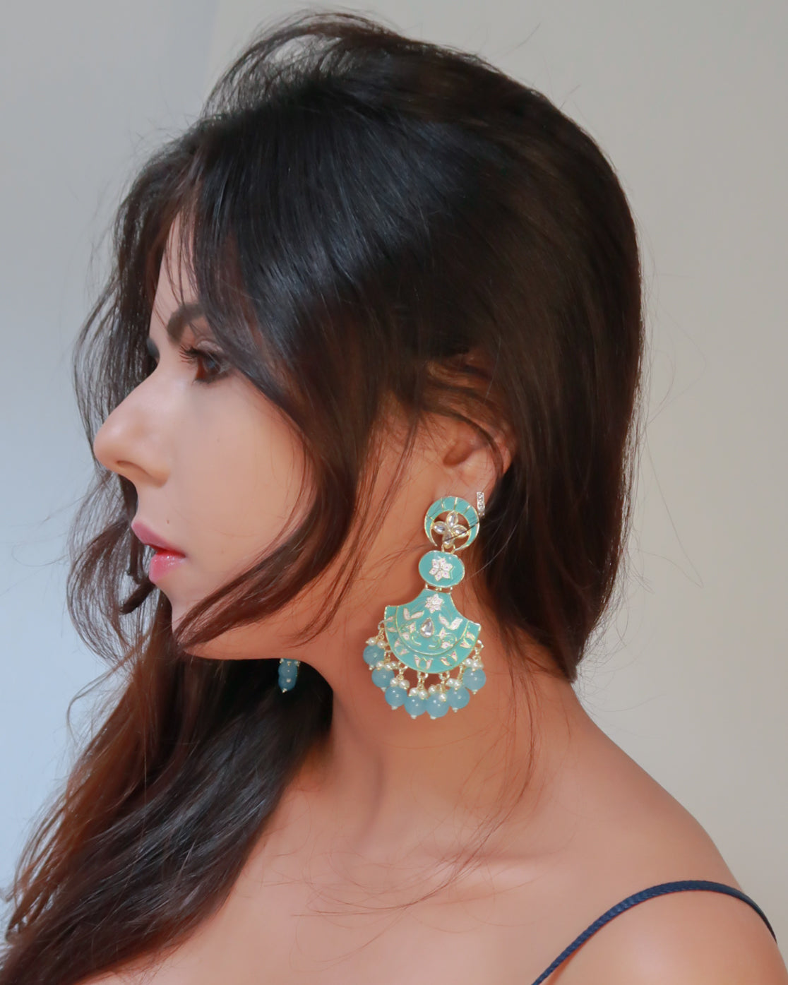 Enamel gold jaipuri earrings | Light blue