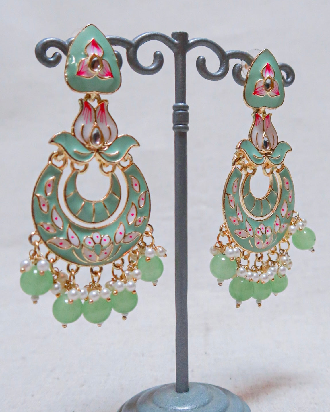 Enamel gold jaipuri earrings | Light green