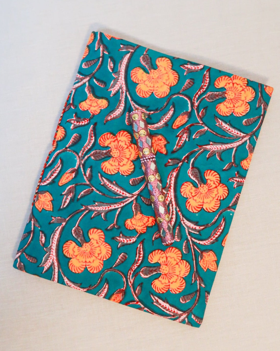 Big handmade block print notebook | Green with flowers