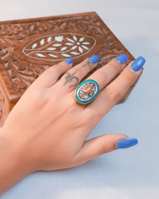 Big tibetan stone ring | Turquoise and orange