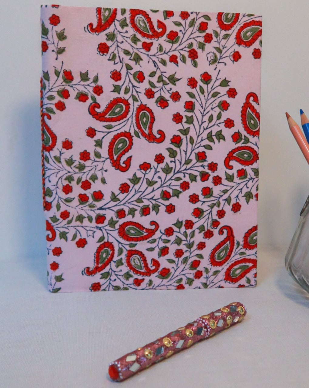 Big handmade block print notebook | Pink with red flowers