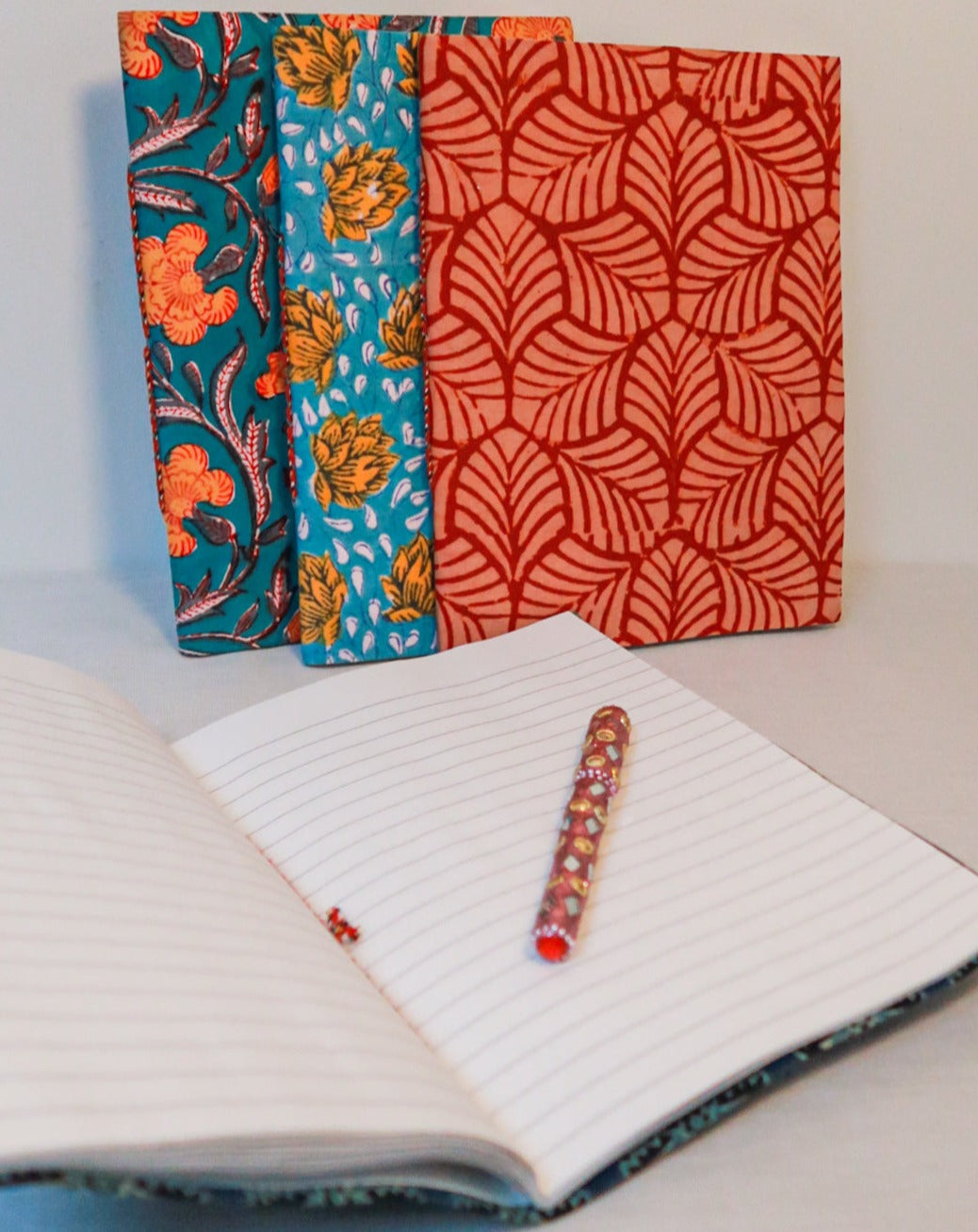 Big handmade block print notebook | Blue with flowers