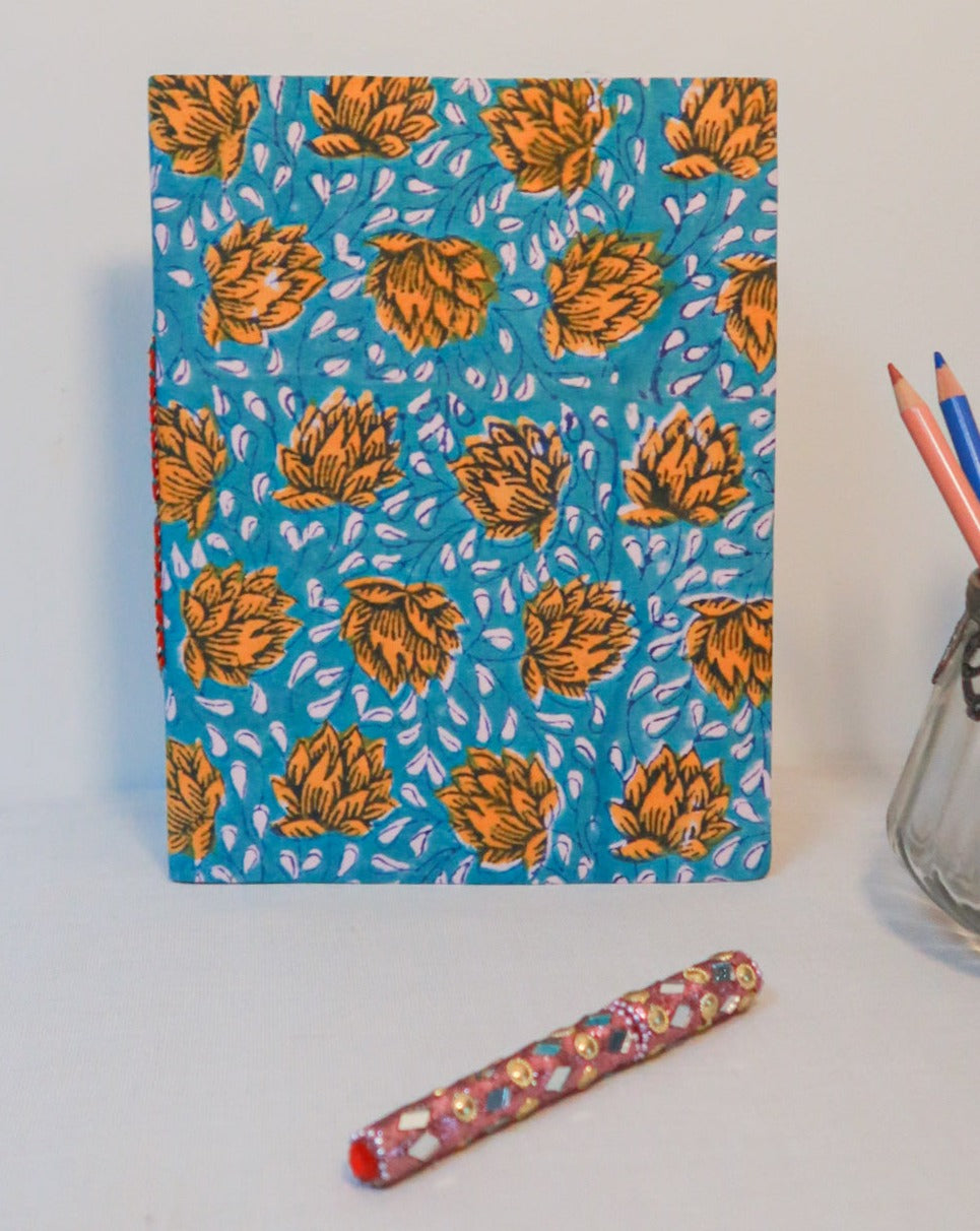 blue block print notebook