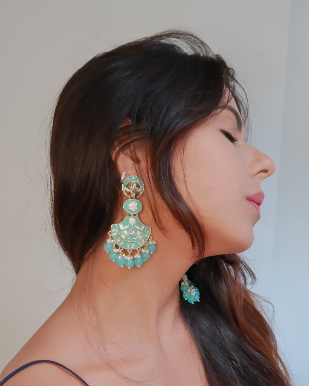 Enamel gold jaipuri earrings | Light blue