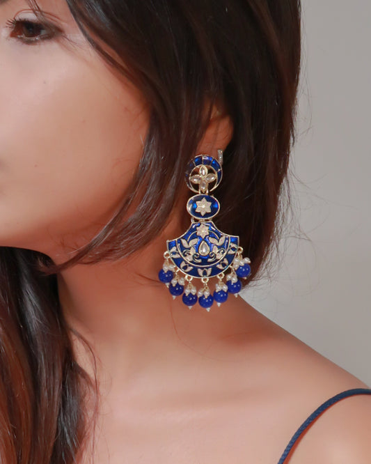 Enamel gold jaipuri earrings | Prussian blue