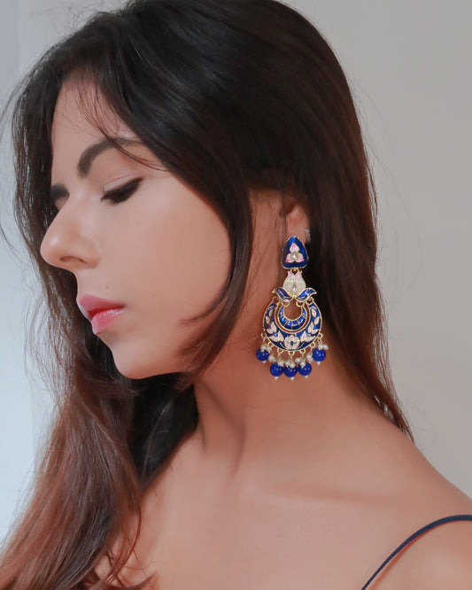 Enamel gold jaipuri earrings | Prussian blue