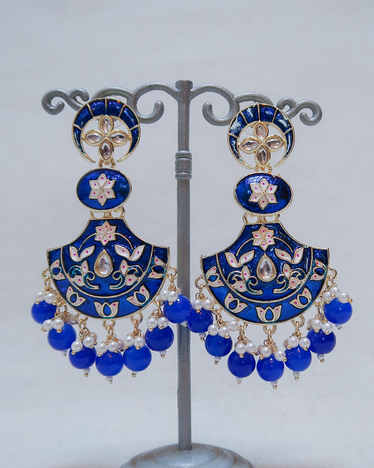 Enamel gold jaipuri earrings | Prussian blue