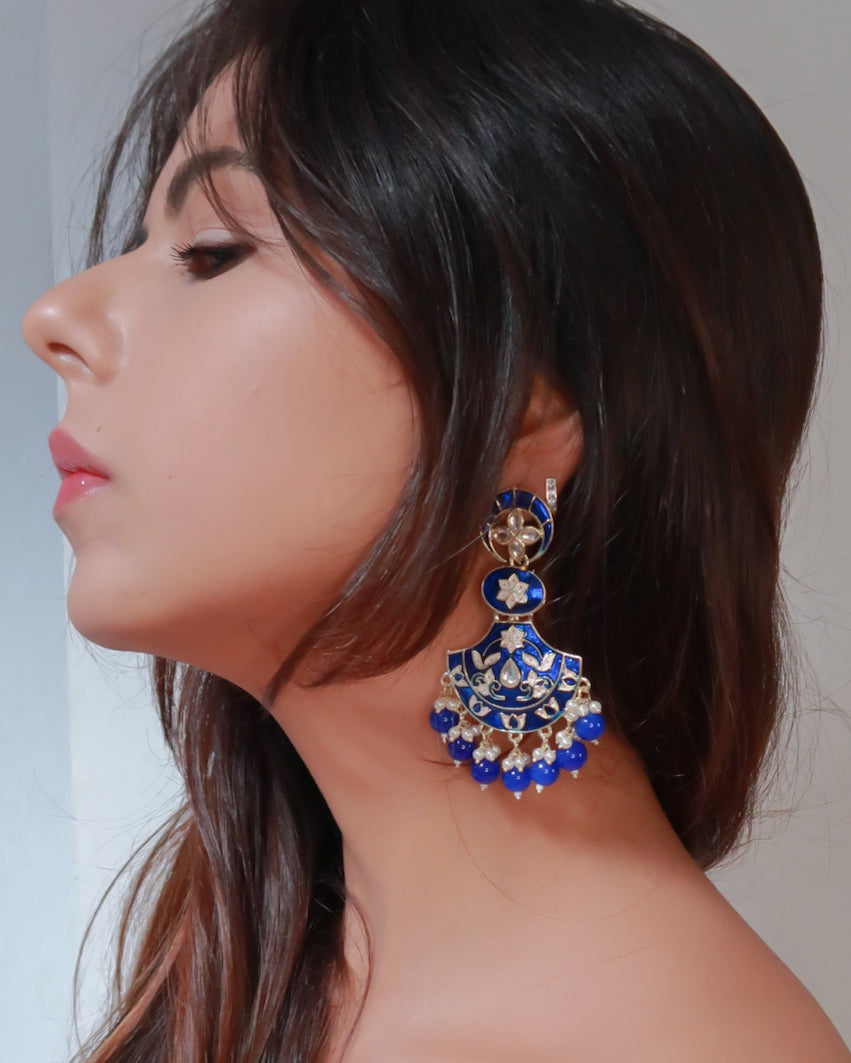 Enamel gold jaipuri earrings | Prussian blue