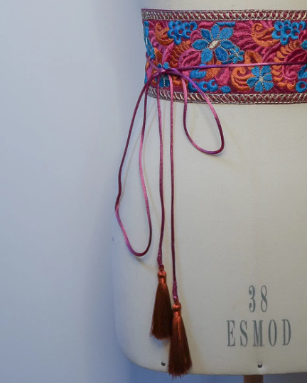 Bohemian embroidered obi belt with tassels