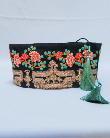 Bohemian embroidered obi belt with tassels