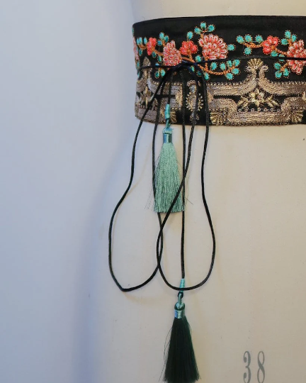 Bohemian embroidered obi belt with tassels