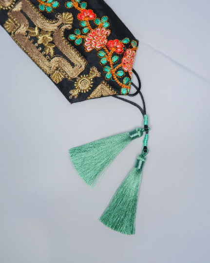 Bohemian embroidered obi belt with tassels