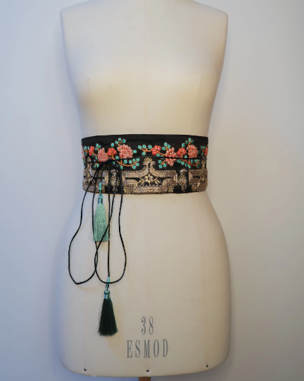 Bohemian embroidered obi belt with tassels