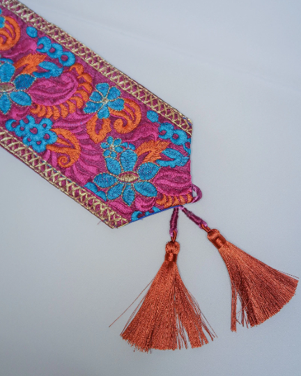 Bohemian embroidered obi belt with tassels