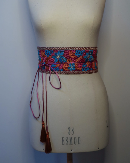 Bohemian embroidered obi belt with tassels